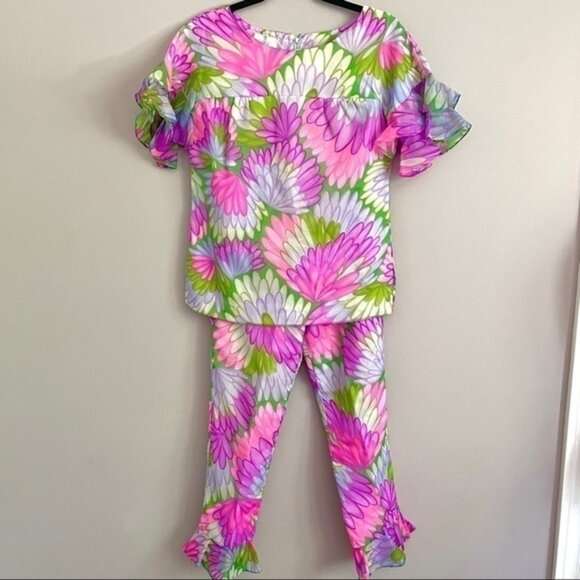 Vintage 60s Pink Purple Floral Hippie Short Sleeve Ruffled Pant Suit - XS/24" - Picture 15 of 16